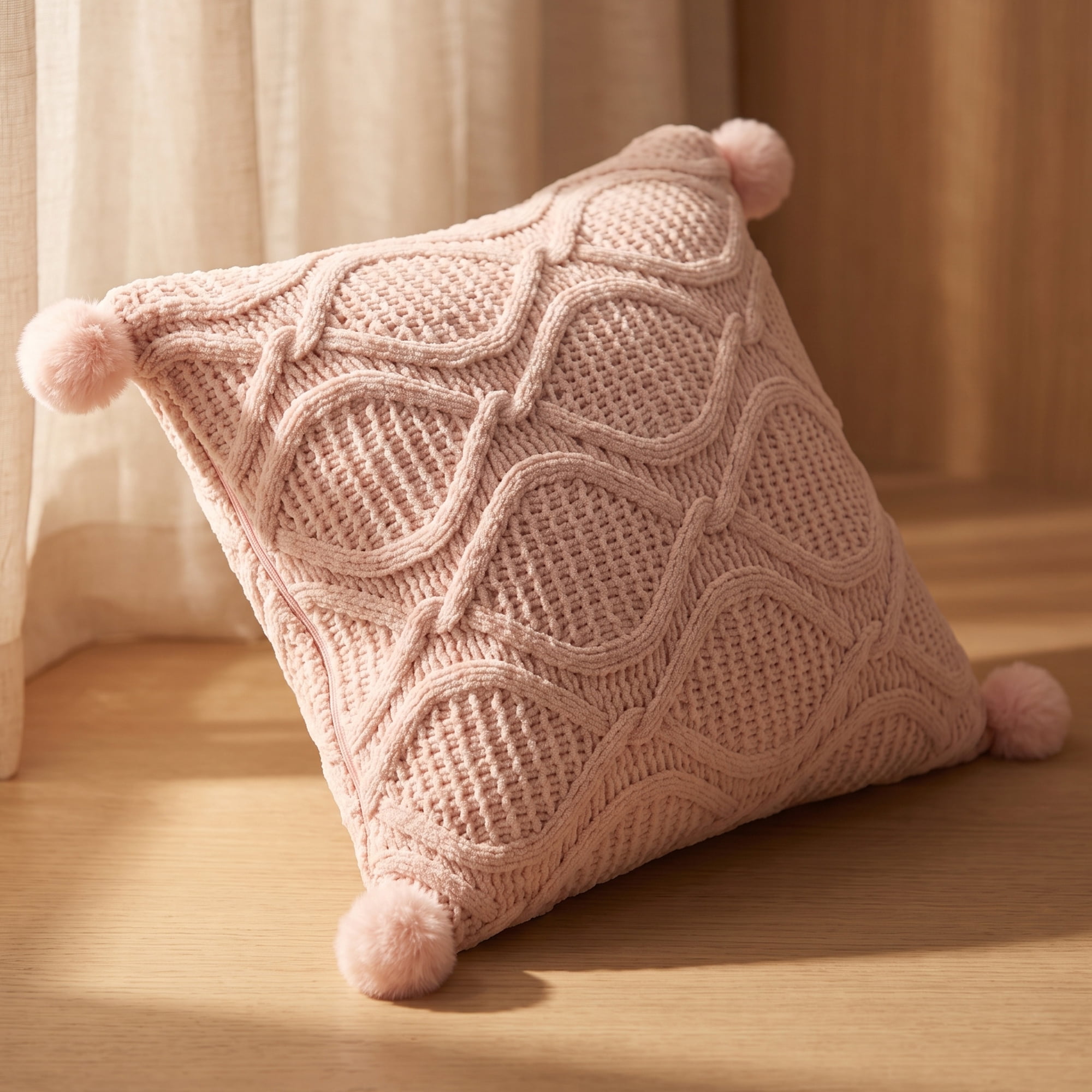 Unique Bargains Cable Knit Pillow Cover Solid Decorative Pompom Cushion Case Pink 18"x18"