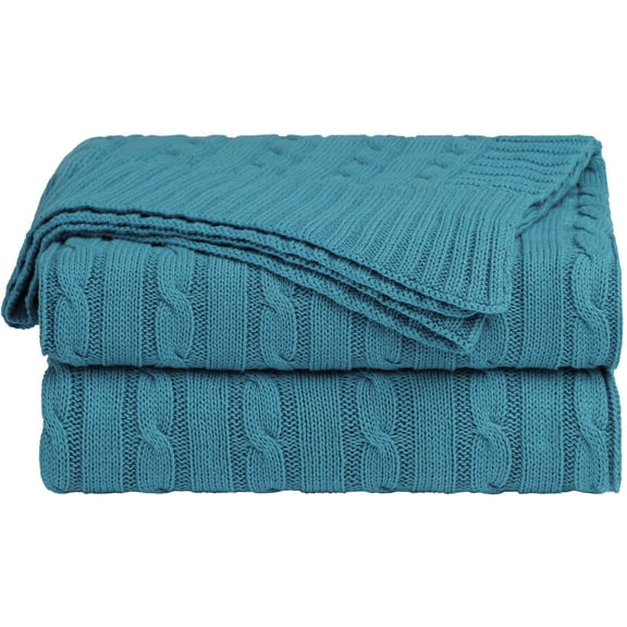 Unique Bargains Cable Knitted Bed Sofa Throw Blanket Teal Blue 71" x 79"