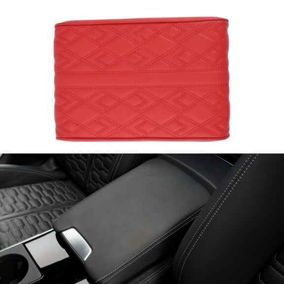 Unique Bargains Car Center Console Cover Car Armrest Cover 12.2"x7.87"x1.97" Red Nappa Leather, Memory Foam Diamond Pattern