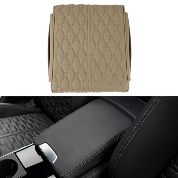 Unique Bargains Car Center Console Cover Car Armrest Cover with Storage Bag 14.17"x11.02"x2.56" Beige Leather, Memory Foam