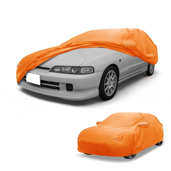 Unique Bargains Car Cover Waterproof All Weather Automotive Outdoor Anti-UV Sun Rain Protection Full Exterior Cover for Acura Integra Aluminum Film Cotton Orange with Reflective Strips