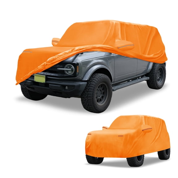 Unique Bargains Car Cover Waterproof All Weather Automotive Outdoor Anti-UV Sun Rain Protection Full Exterior Cover for Ford Bronco Sport Aluminum Film Orange with Reflective Strips