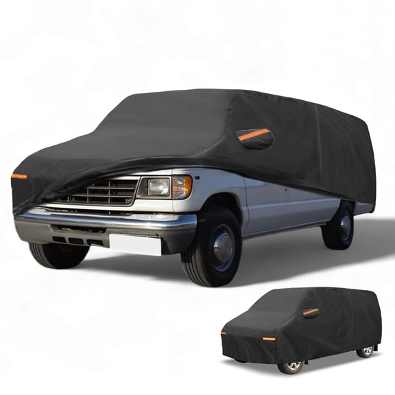 Car Cover Waterproof All Weather Automotive Outdoor Anti-UV Sun Rain Protection Full Exterior Cover with Reflective Strips Black for Ford E-Series