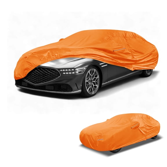 Unique Bargains Car Cover Waterproof All Weather Automotive Outdoor Anti-UV Sun Rain Protection Full Exterior Cover for Genesis G90 Aluminum Film Cotton Orange with Reflective Strips