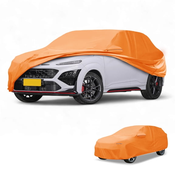 Unique Bargains Car Cover Waterproof All Weather Automotive Outdoor Anti-UV Sun Rain Protection Full Exterior Cover for Hyundai Kona 210D-PU Orange with Reflective Strips