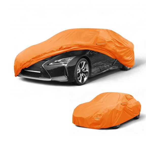 Unique Bargains Car Cover Waterproof All Weather Automotive Outdoor Anti-UV Sun Rain Protection Full Exterior Cover for Lexus LC Aluminum Film Cotton Orange with Reflective Strips