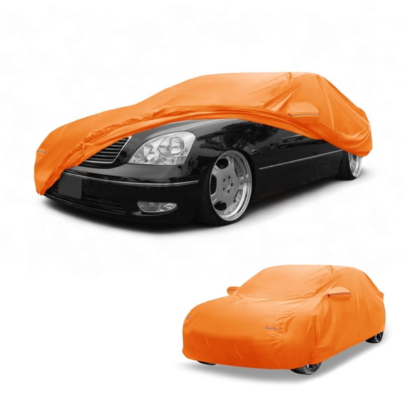 Unique Bargains Car Cover Waterproof All Weather Automotive Outdoor Anti-UV Sun Rain Protection Full Exterior Cover for Lexus LS 210D-PU Orange with Reflective Strips