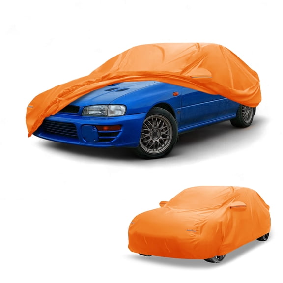 Unique Bargains Car Cover Waterproof All Weather Automotive Outdoor Anti-UV Sun Rain Protection Full Exterior Cover for Subaru Impreza Sedan 210D-PU Orange with Reflective Strips