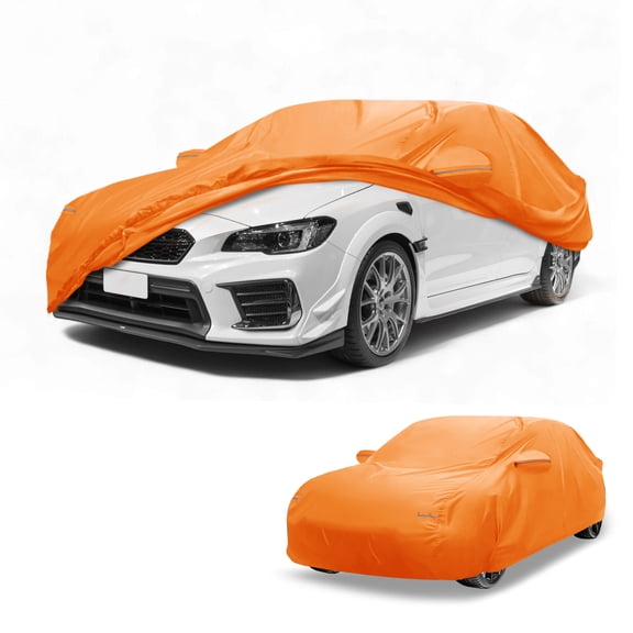 Unique Bargains Car Cover Waterproof All Weather Automotive Outdoor Anti-UV Sun Rain Protection Full Exterior Cover for Subaru WRX Aluminum Film Cotton Orange with Reflective Strips