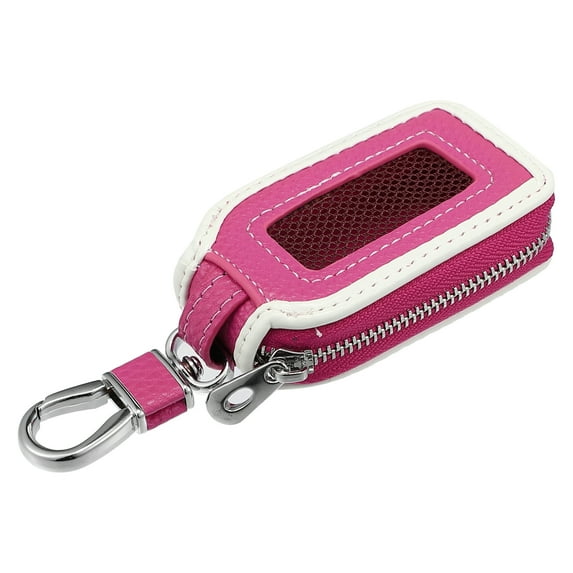 Unique Bargains Car Key Case Faux Leather Zipper Car Fob Key Case Keychain Bag Auto Remote Key Protector Pink and White