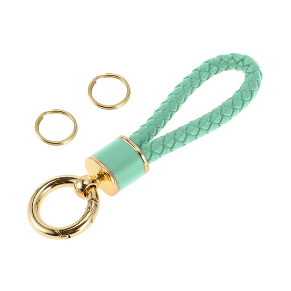 Unique Bargains Car Keychain Universal Key Chain with Ring for Key Fobs Faux Leather Metal Gold Tone Pale Green 1 Pcs
