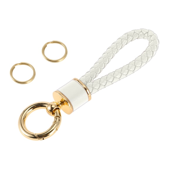 Unique Bargains Car Keychain Universal Key Chain with Ring for Key Fobs Faux Leather Zinc Alloy Gold Tone White 1 Pcs