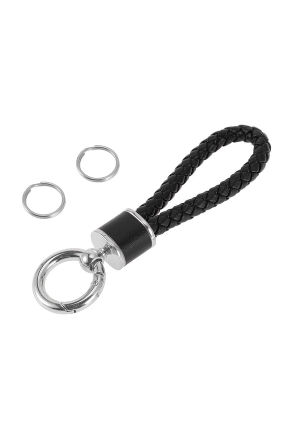 Car Keychain Universal Key Chain with Ring for Key Fobs Faux Leather Zinc Alloy Silver Tone Black 1 Pcs