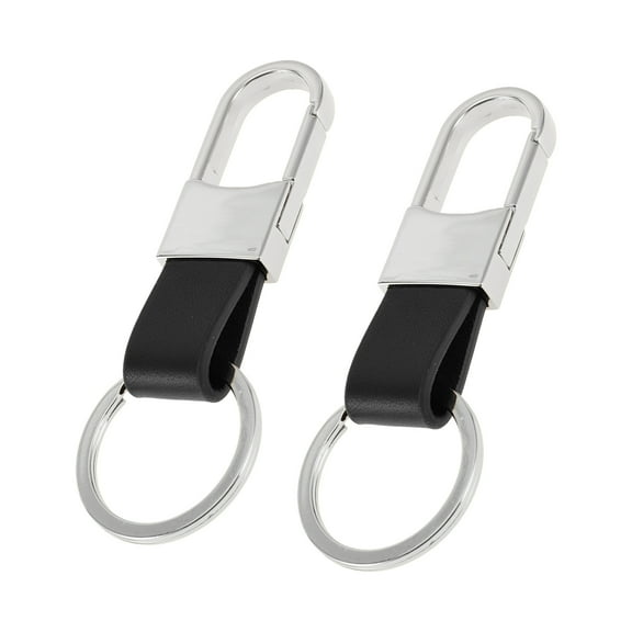 Unique Bargains Car Keychain Universal Key Chain with Ring for Key Fobs Leather Zinc Alloy Silver Tone Black 2Pcs