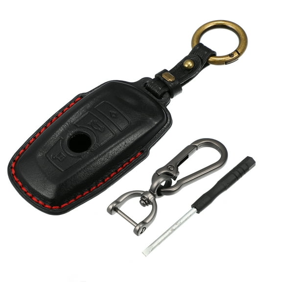 Unique Bargains Car Remote Key Fob Case Cover 4 Button Full Protector Black Faux Leather with Key Chain for BMW