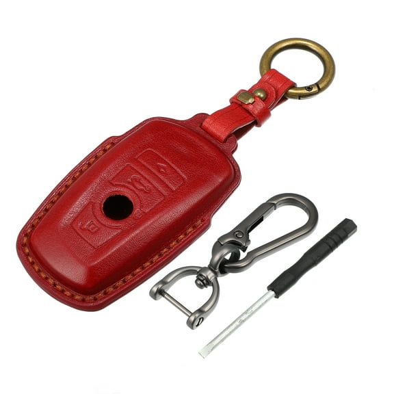 Unique Bargains Car Remote Key Fob Case Cover 4 Button Full Protector Red Faux Leather with Key Chain for BMW