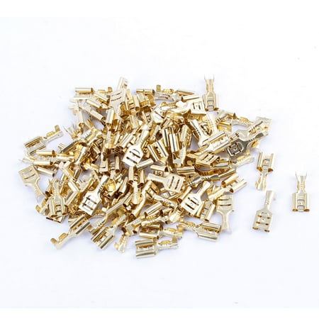 Unique Bargains Car Speaker Bare Female Spade Terminal Cable Connector 6.4mm Gold Tone 100Pcs
