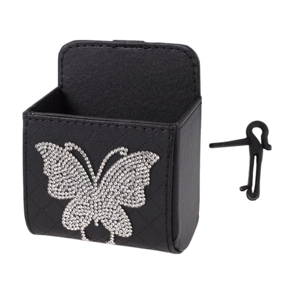 Unique Bargains Car Sunglasses Case Universal Eyeglasses Holder Storage Box Faux Leather,Rhinestones,Metal Black 12.5x9.2cm" 1 Pcs
