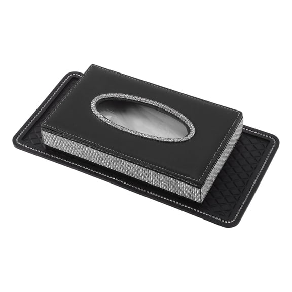 Unique Bargains Car Tissue Holder Non-Slip Mats Car Tissue Box Organizer Inlaid With Diamonds PU Rhinestones 7.87"x4.65"x1.57" Black 1 Set