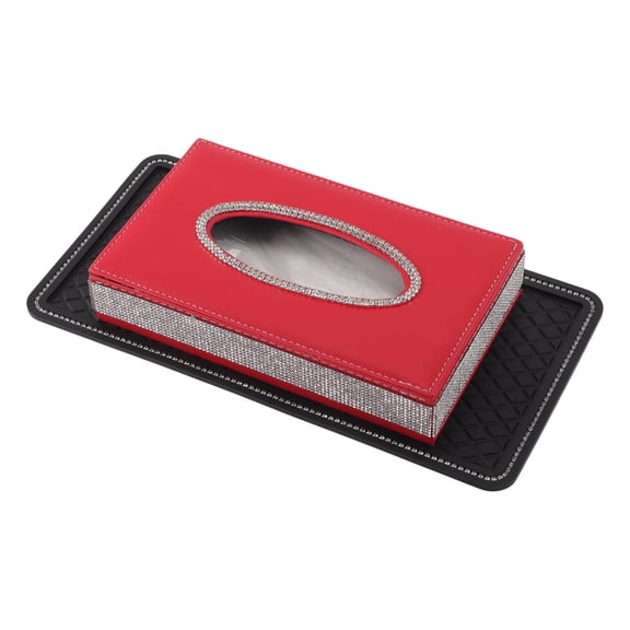 Unique Bargains Car Tissue Holder Non-Slip Mats Car Tissue Box Organizer Inlaid With Diamonds PU Rhinestones 7.87"x4.65"x1.57" Red 1 Set