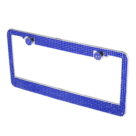 Unique Bargains Car Truck SUV Front Rear License Plate Frame Bracket Dark Blue Stainless Steel Rhinestones Screw Cover