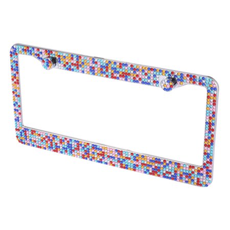 Unique Bargains Car Truck SUV Front Rear License Plate Frame Bracket Multicolor Stainless Steel Rhinestones Screw Cover