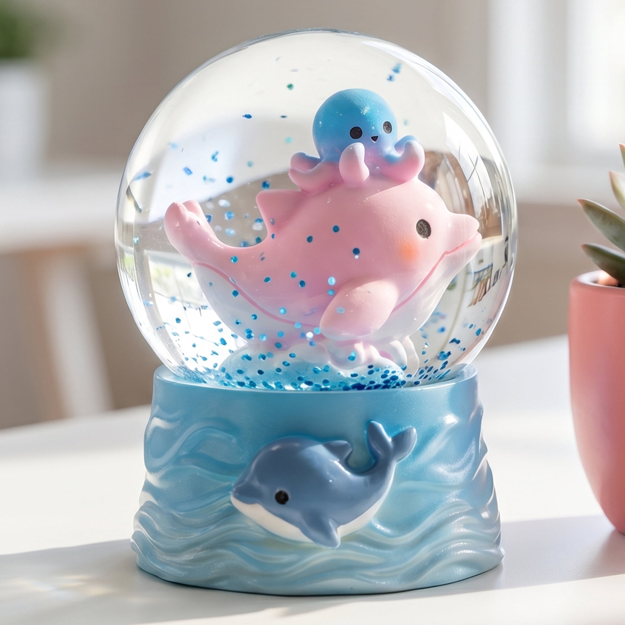 Unique Bargains Cartoon Light Up Crystal Ball Mini Resin Figurine Snow Globe Blue Style C