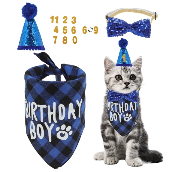 Unique Bargains Cat Birthday Decorations Cat Birthday Hat Bandana Number Cat Birthday Outfit Cat Party Outfit for Cats Kitten Birthday Decorations Blue