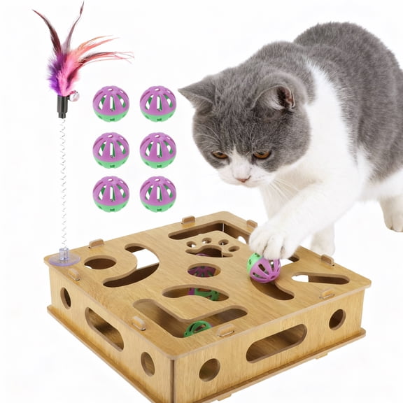 Unique Bargains Cat Toys for Indoor Cats Interactive Wooden Puzzle Toy Box Stimulate Hunting Instincts and Reduce Boredom Wood Color