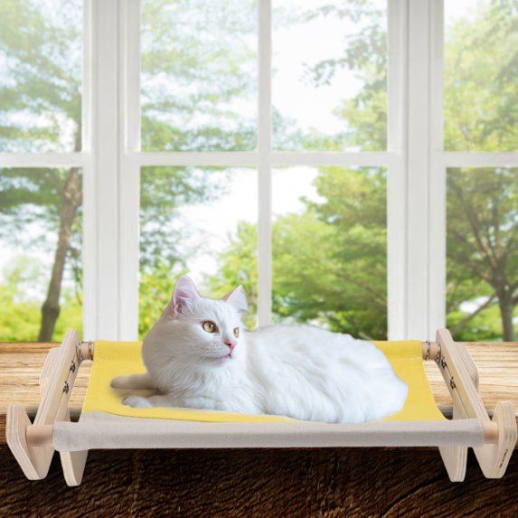 Unique Bargains Cat Window Perch Cat Perch with Sturdy Wood and Stainless Steel Frame Cat Window Hammock Adjustable Cat Window Bed 17.52"x14.17"x6.3" Yellow
