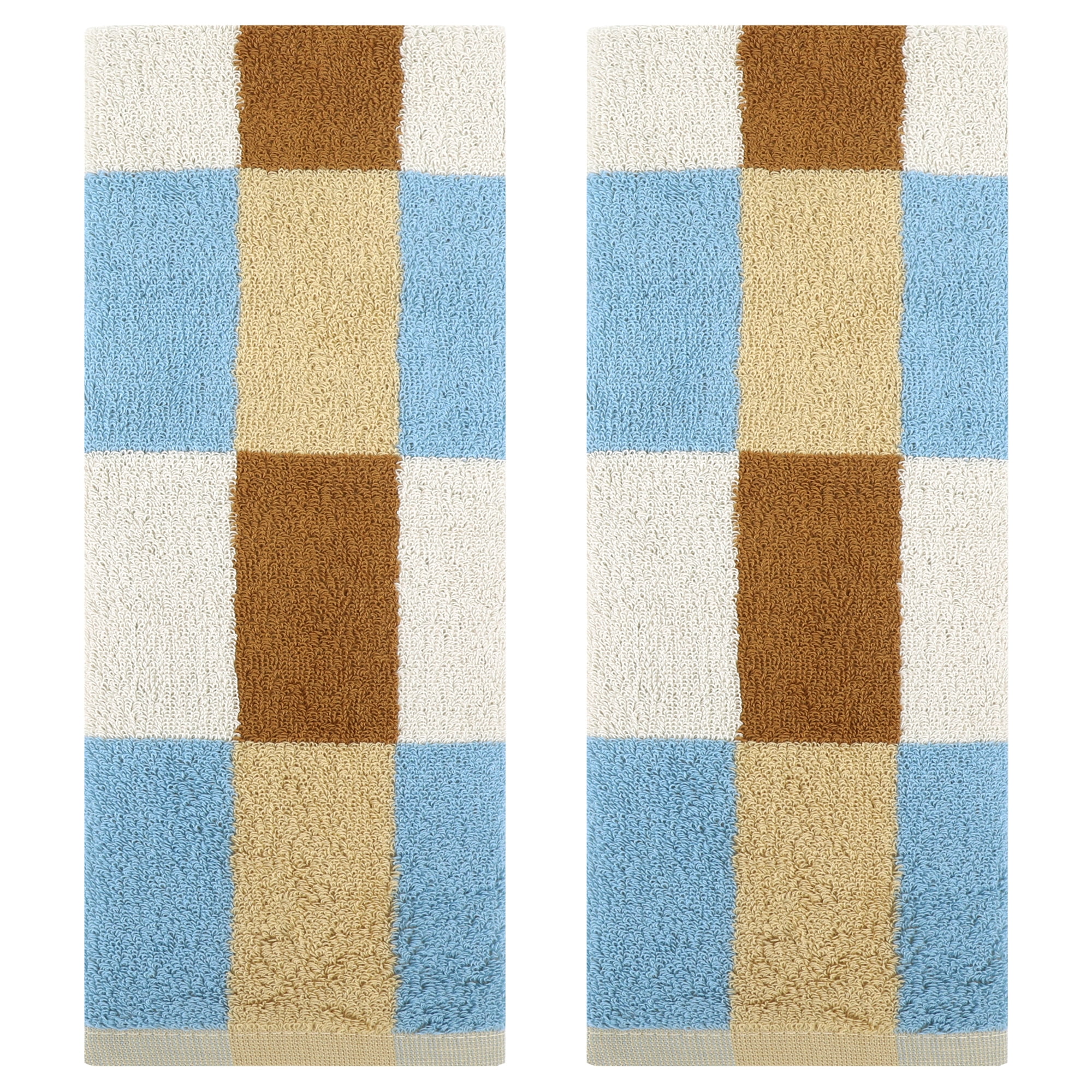 Unique Bargains Checkered Cotton Hand Towels for Bathroom, Kitchen Beige Brown 2-Piece