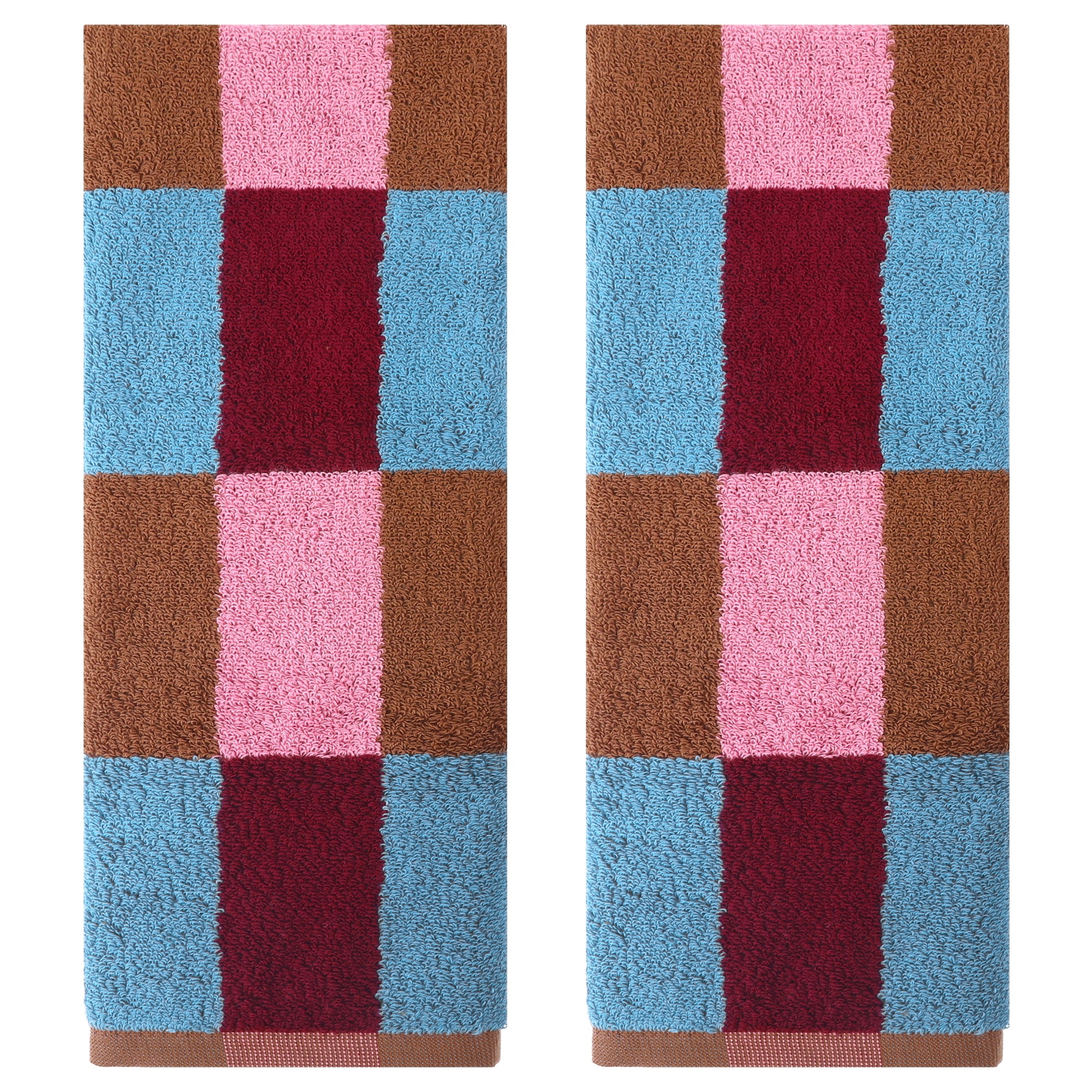 Unique Bargains Checkered Cotton Hand Towels for Bathroom, Kitchen Blue Brown 2-Piece