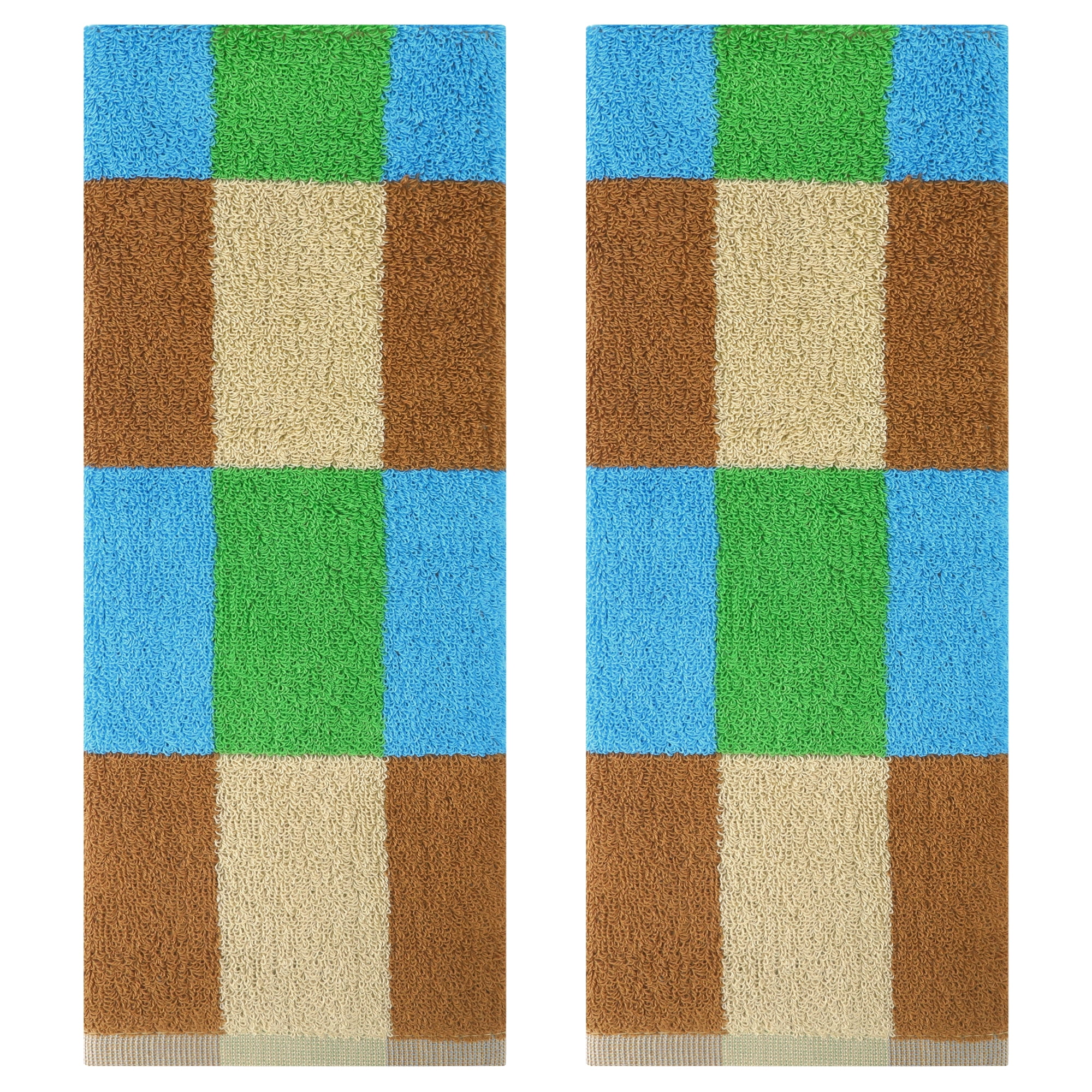 Unique Bargains Checkered Cotton Hand Towels for Bathroom, Kitchen Blue Green 2-Piece