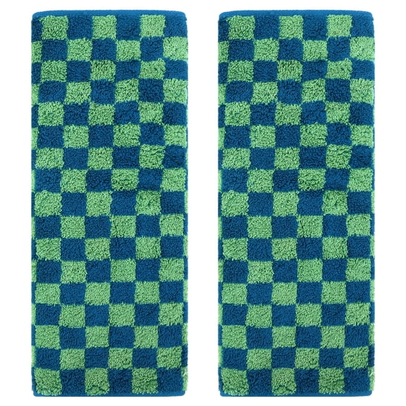 Unique Bargains Checkered Cotton Hand Towels for Bathroom Kitchen Blue Green 2-Piece