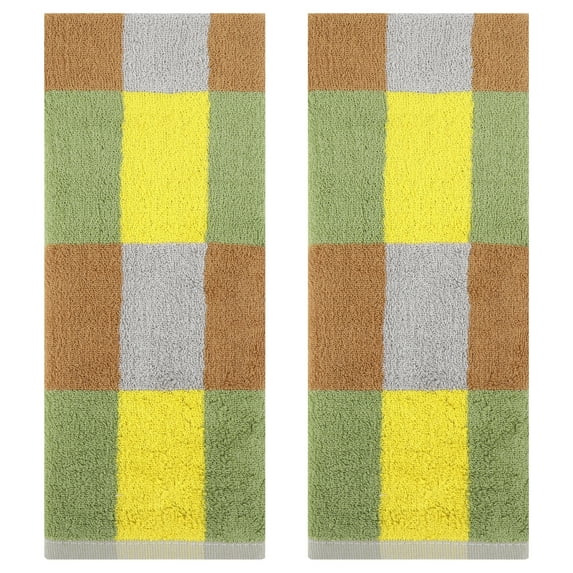 Unique Bargains Checkered Cotton Hand Towels for Bathroom, Kitchen Yellow Green 2-Piece