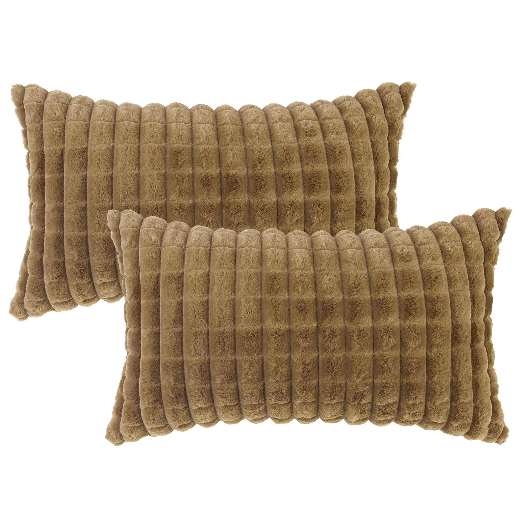 Light Brown Faux Fur Checkered Rectangle Throw Pillow Covers 12" x 20" - Set of 2
