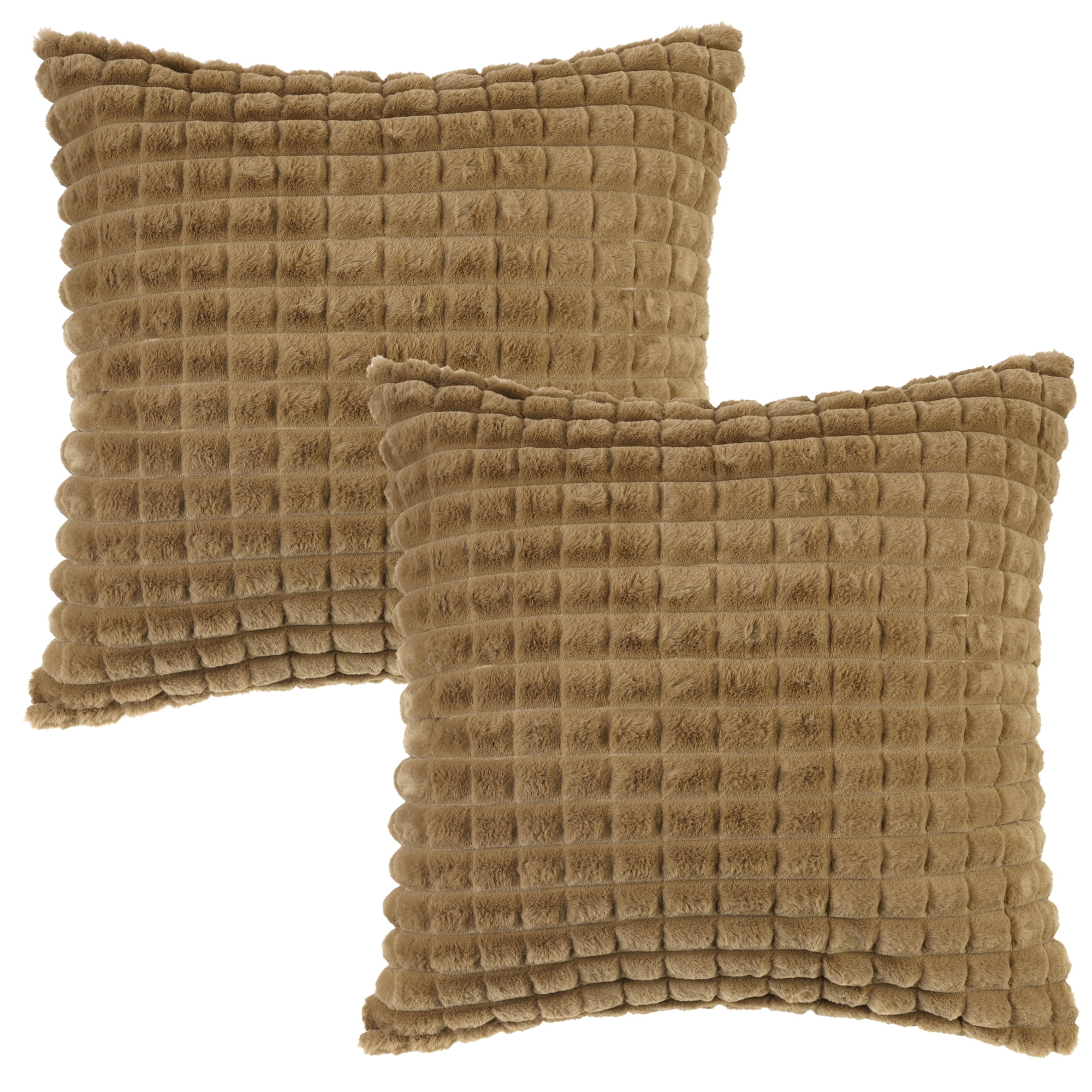 Unique Bargains Checkered Faux Fur Plush Throw Pillow Covers Decorative Pillowcases 2 Pcs Light Brown 20" x 20"