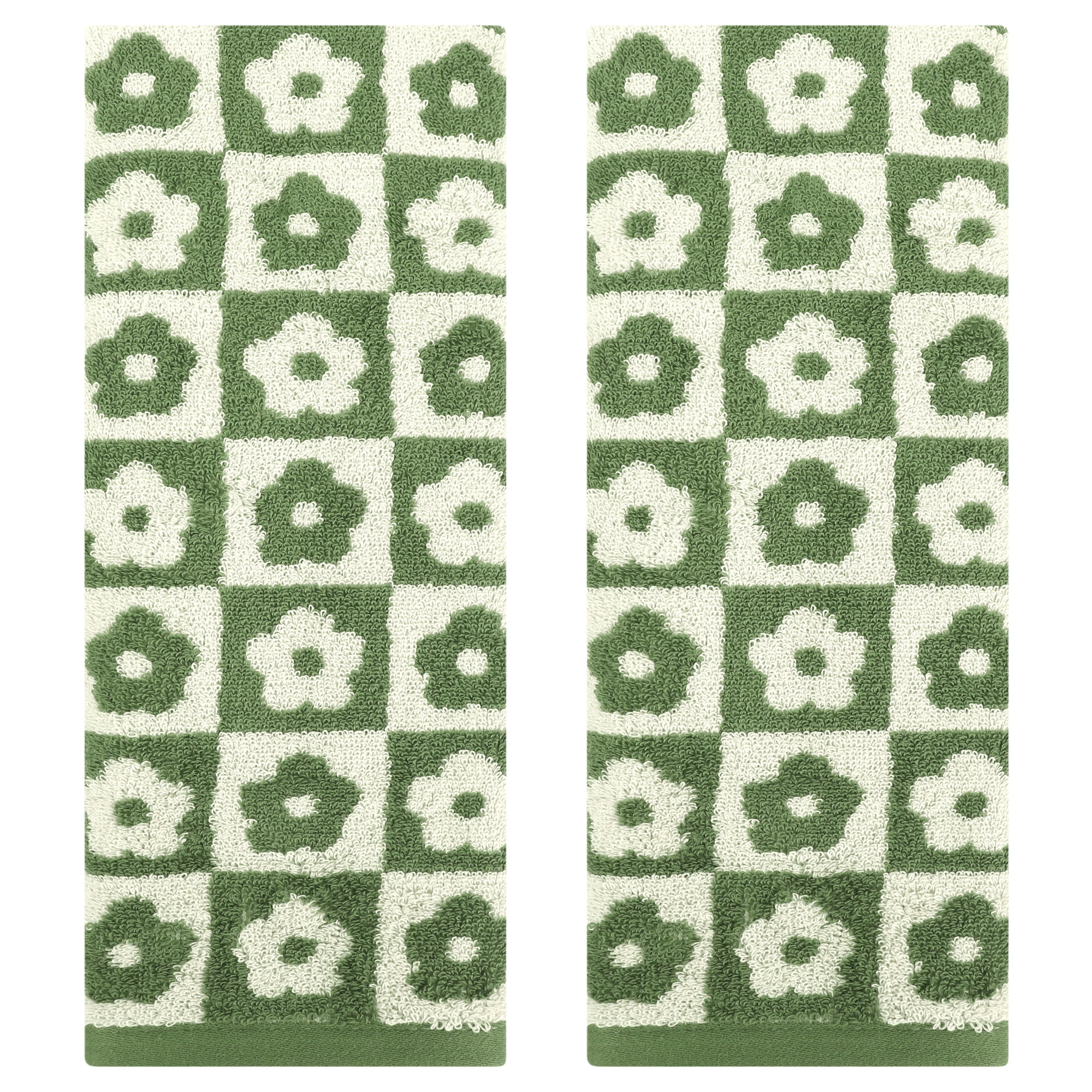 Unique Bargains Checkered Floral Hand Towels Soft Absorbent Bathroom Towel Green 2-Piece