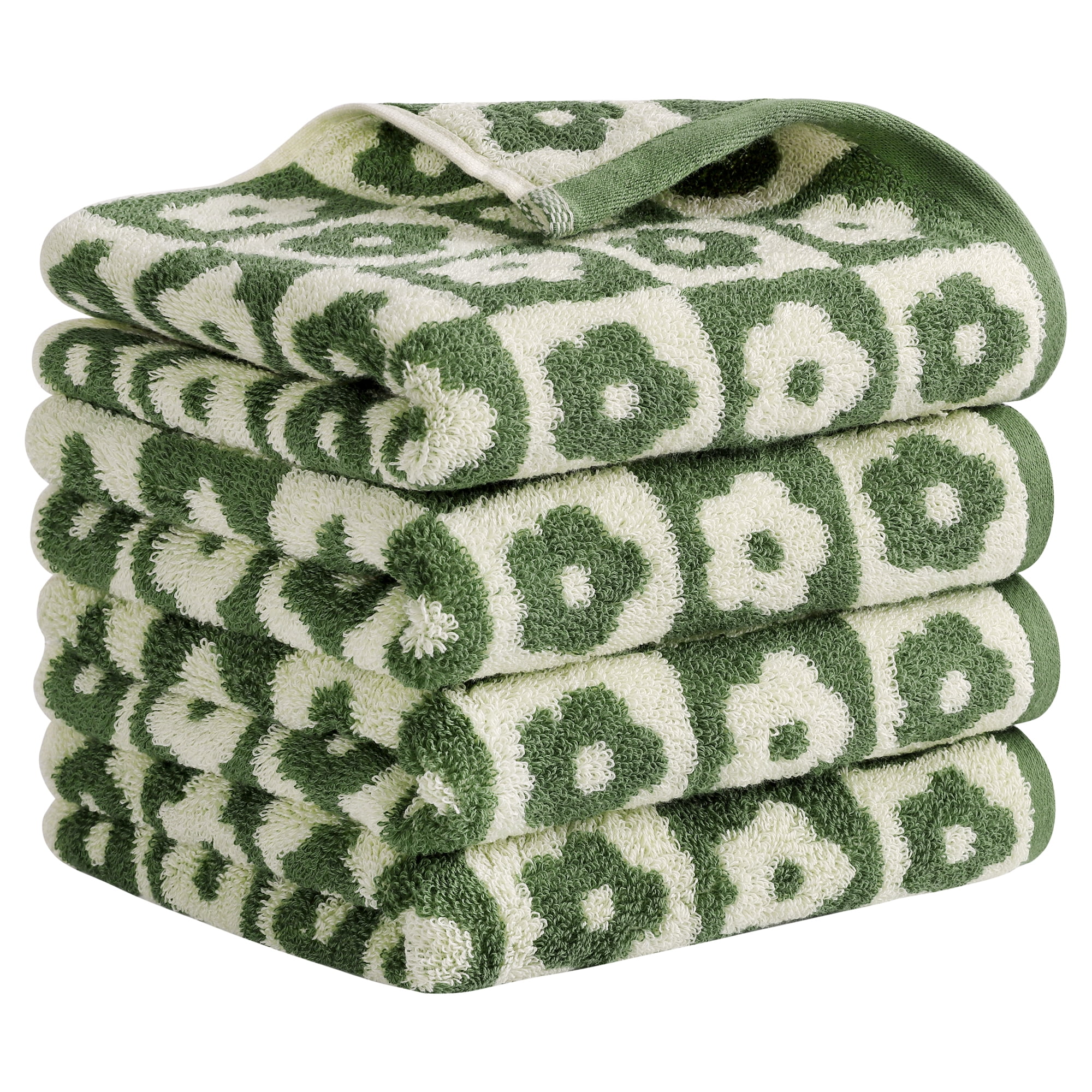 Unique Bargains Checkered Floral Hand Towels Soft Absorbent Bathroom Towel Green 4-Piece