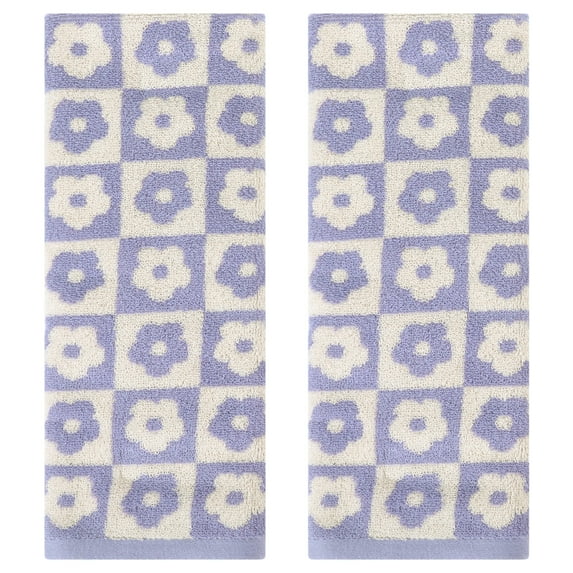 Unique Bargains Checkered Floral Hand Towels Soft Absorbent Bathroom Towel Purple 2-Piece