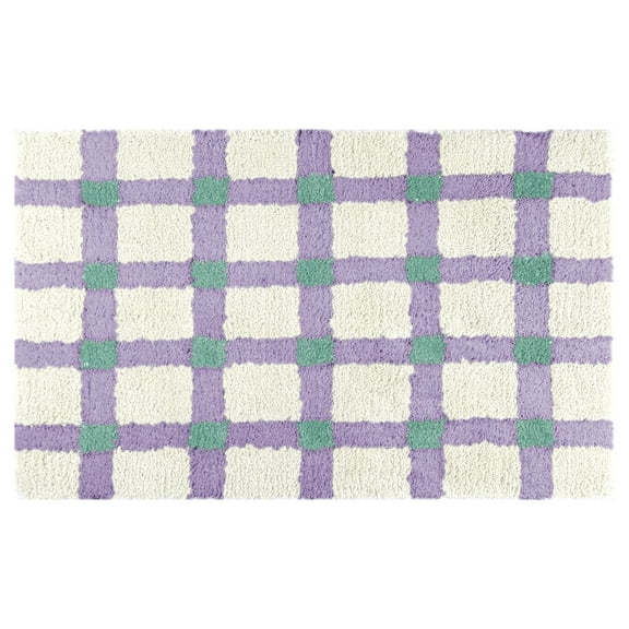 Unique Bargains Checkered Non Slip Bath Mats Fluffy Absorbent Rugs Purple Green 16" x 24"