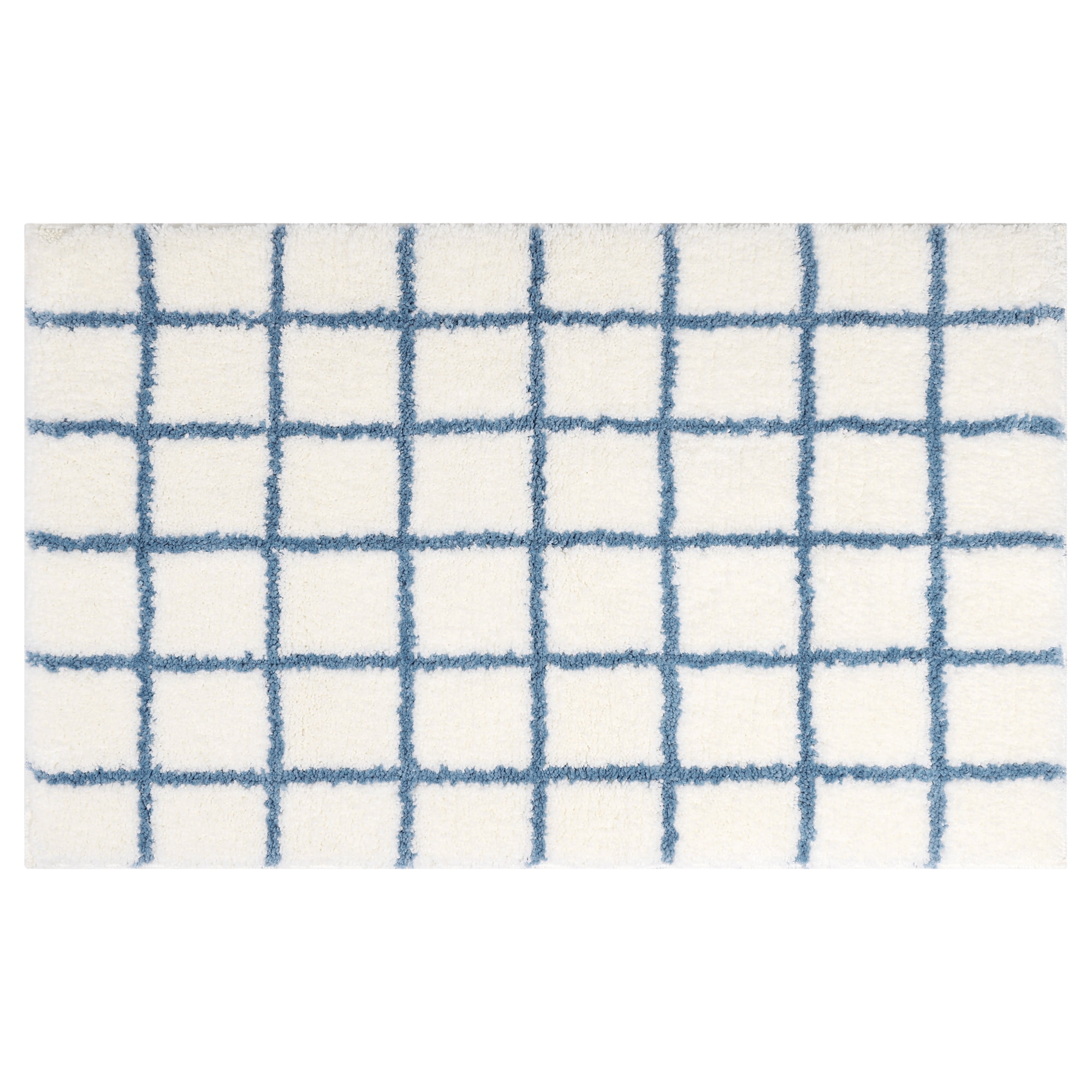 Unique Bargains Checkered Non Slip Bath Mats Soft Fluffy Absorbent Bathroom Rugs Blue 20" x 32"