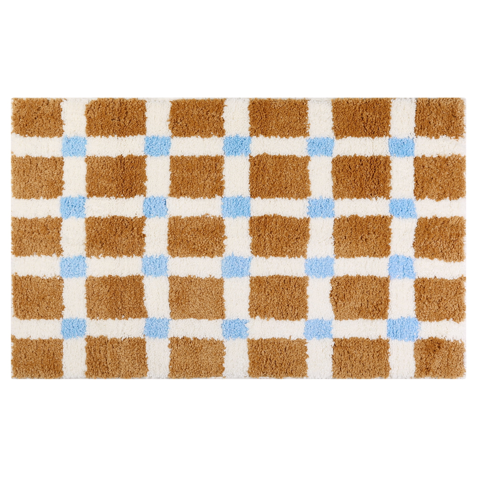 Unique Bargains Checkered Non Slip Bath Mats Soft Fluffy Absorbent Bathroom Rugs Brown 20" x 32"