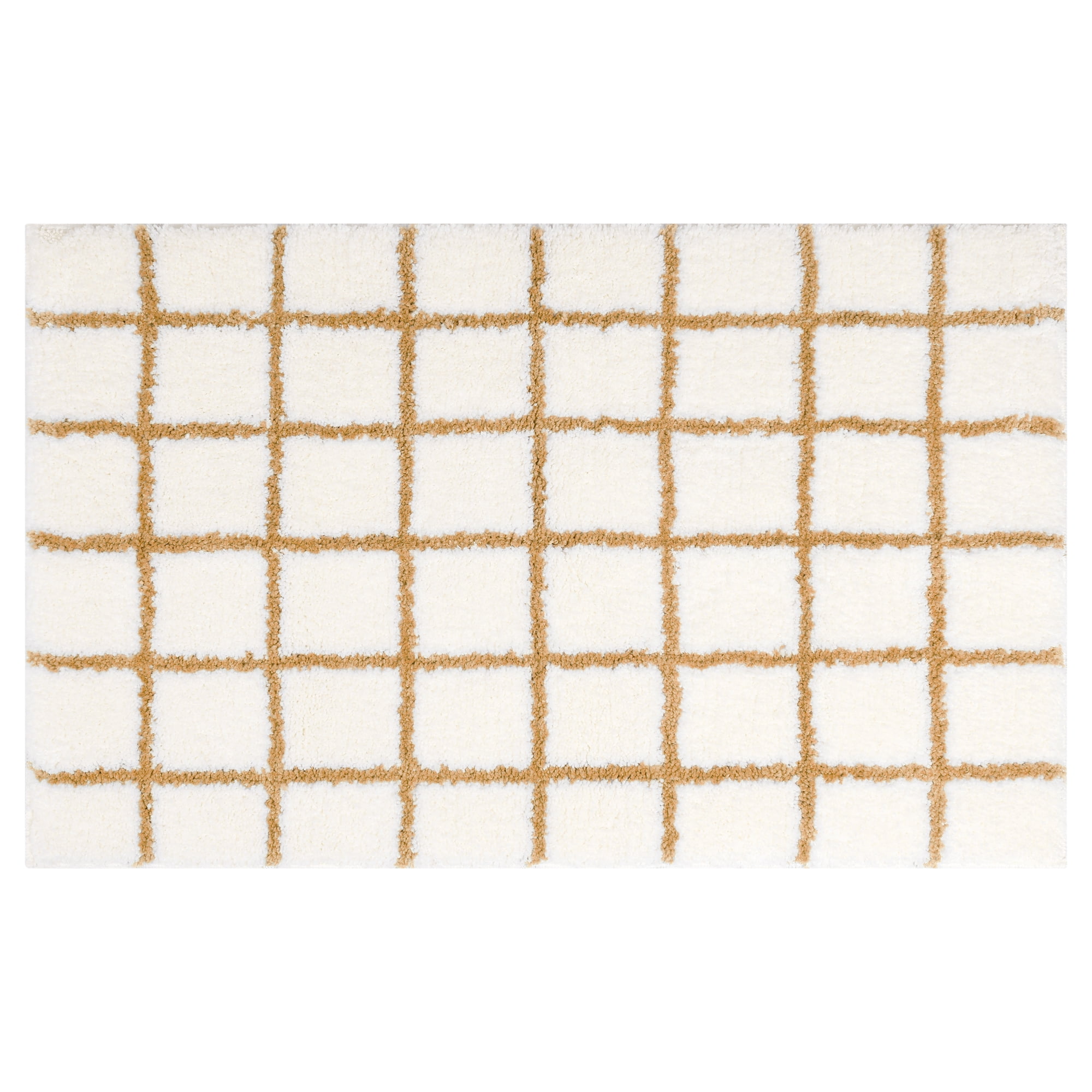 Unique Bargains Checkered Non Slip Bath Mats Soft Fluffy Absorbent Bathroom Rugs Brown 20" x 32"