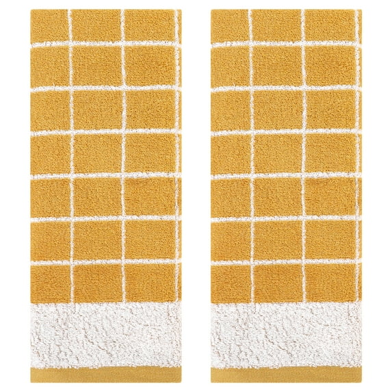 Unique Bargains Checkered Pure Cotton Hand Towel Set Yellow 2-Piece