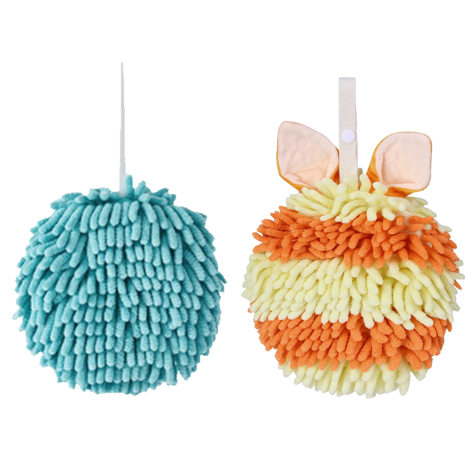 Unique Bargains Chenille Ball Fuzzy Hand Towel 2 Pcs Blue/Orange 6" x 6"/7" x 7"