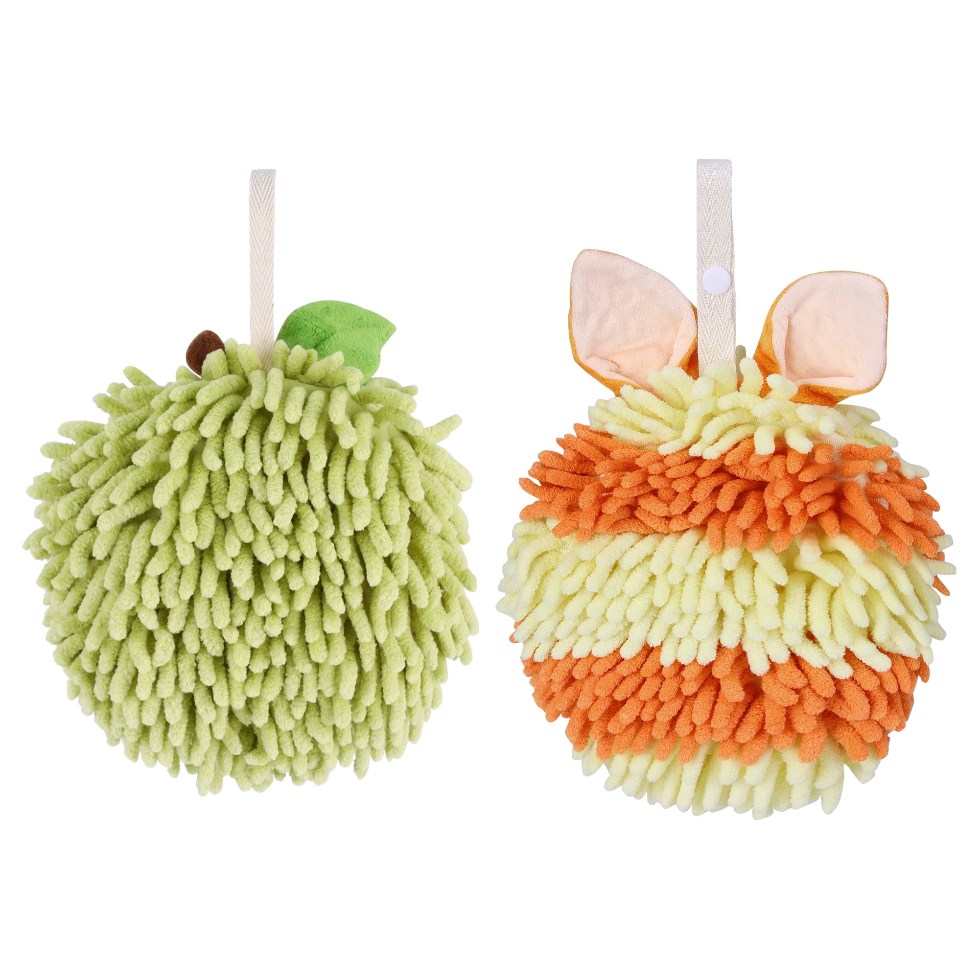 Unique Bargains Chenille Ball Fuzzy Hand Towel 2 Pcs Green/Orange 6" x 6"/7" x 7"