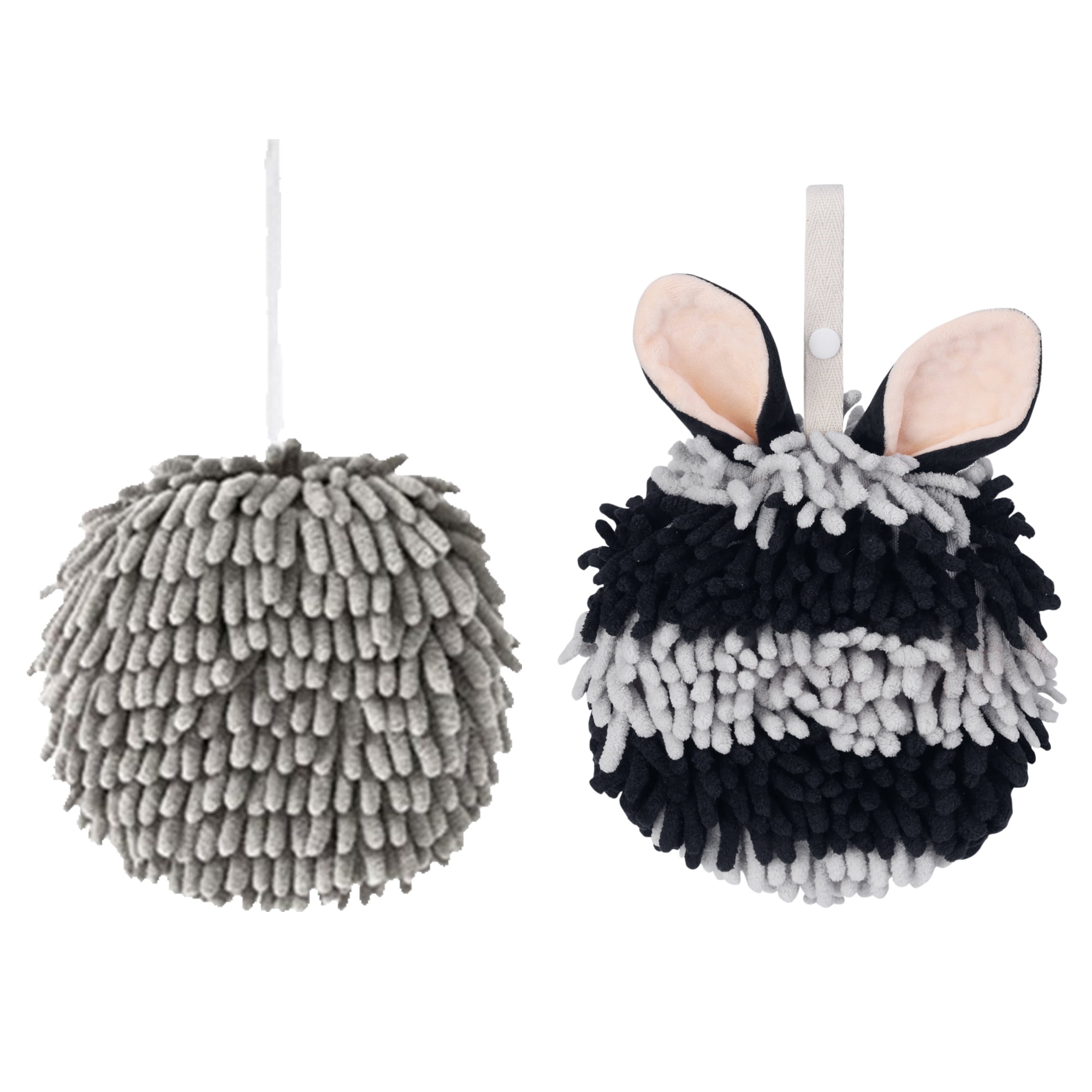 Unique Bargains Chenille Ball Fuzzy Hand Towel 2 Pcs Grey/Black 6" x 6"/7" x 7"