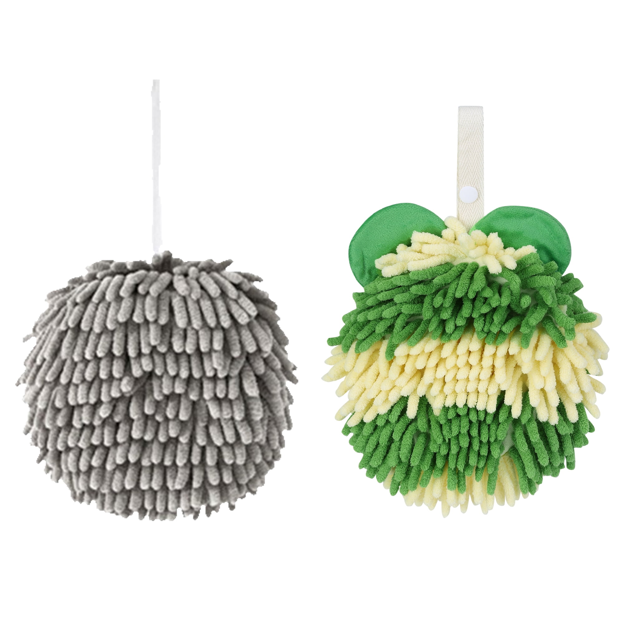 Unique Bargains Chenille Ball Fuzzy Hand Towel 2 Pcs Grey/Green 6" x 6"/7" x 7"