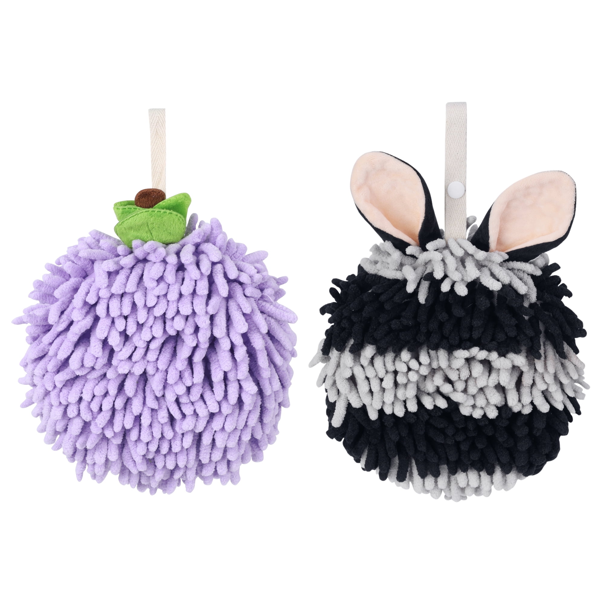Unique Bargains Chenille Ball Fuzzy Hand Towel 2 Pcs Purple/Black 6" x 6"/7" x 7"